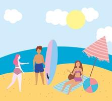 personnes à la plage faisant des activités estivales vecteur