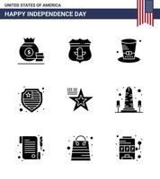 pack de 9 signes de glyphes solides de célébration de la fête de l'indépendance des états-unis et symboles du 4 juillet tels que le drapeau étoile jour bouclier américain modifiable usa day vector design elements