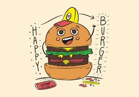 Hamburger de personnage drôle avec chapeau et ketchup vecteur
