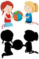 deux filles jouant au ballon en couleur et silhouette vecteur