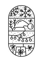 logo de noël avènement composition neige, coffrets cadeaux, chapeau, garaland et branches. constructeur de vecteur d'hiver dessiné à la main dans deux demi-cadre rond et rectangles pour carte de voeux