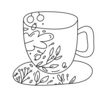 tasse de ligne de noël vecteur dessiné à la main avec des baies de ligne, texture de branches. illustration de contour d'icône de l'avent de noël pour carte de voeux bébé, conception web, invitation