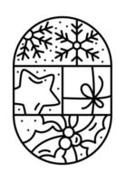 logo de noël composition de l'avent monoline flocon de neige, étoile, boîte-cadeau et baie de houx. constructeur de vecteur d'hiver dessiné à la main dans un cadre demi-rond et des carrés pour carte de voeux