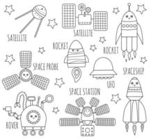 ensemble de techniques spatiales vectorielles en noir et blanc pour les enfants. illustration de contour de vaisseau spatial, fusée, satellite, station spatiale, rover. coloriage kawaii astronomie pour les enfants vecteur