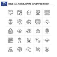 25 technologie de données cloud et icône de technologie de réseau définie fond vectoriel