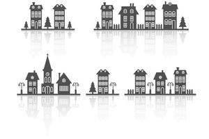 paysage de quartier de banlieue. silhouette de maisons et d'église sur l'horizon. maisons de campagne. illustration vectorielle de glyphe avec réflexion. vecteur