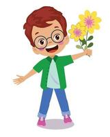 mignon garçon heureux tenant une fleur vecteur