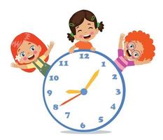 mignons enfants heureux tenant une horloge vecteur