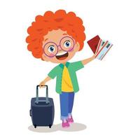 mignon garçon se prépare à voyager avec son passeport et sa valise vecteur