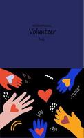 sensibilisation à la journée internationale du volontariat. les palmiers multicolores tiennent des coeurs rouges.illustration vectorielle de doodle plat pour bannière, affiche. vecteur