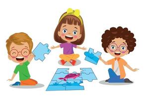 mignon et enfants jouant au puzzle vecteur