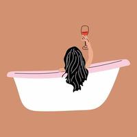 femme prenant un bain moussant relaxant et buvant du vin rouge, vue latérale. vecteur en style cartoon. tous les éléments sont isolés