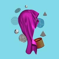 bannière pour la conception décorative avec composition abstraite de figures 3d avec motif dépouillé. soie violette sur sphère sur fond de couleur bleu abstrait. abstrait géométrique 3d. vecteur