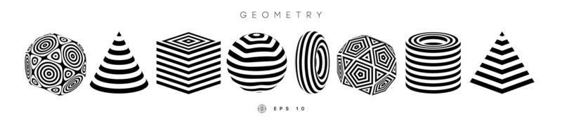 ensemble de vecteurs de formes d'illusion d'optique. pyramide rayée. conception de lignes noires et blanches abstraites optiques de cylindre et de cube. cercle de formes rondes géométriques. symbole de vecteur de cône op art.