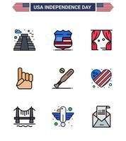 plat rempli ligne pack de 9 symboles de la fête de l'indépendance des états-unis du baseball divertissement américain mousse des états-unis modifiable à la main éléments de conception vectorielle de la journée des états-unis vecteur