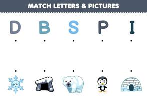 jeu éducatif pour les enfants match lettres et images de dessin animé mignon flocon de neige den ours polaire pingouin igloo feuille de travail d'hiver imprimable vecteur