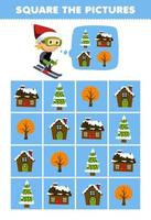 jeu d'éducation pour les enfants aide mignon dessin animé garçon jouant au ski carré la bonne maison ensemble image imprimable feuille de travail d'hiver vecteur