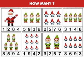 jeu éducatif pour les enfants comptant le nombre d'objets dans chaque table de dessin animé mignon père noël et gnome feuille de travail imprimable d'hiver vecteur