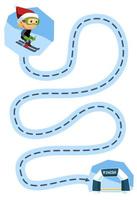 jeu d'éducation pour les enfants pratique de l'écriture tracer les lignes aider mignon dessin animé garçon jouant au ski passer à la ligne d'arrivée feuille de travail imprimable d'hiver vecteur