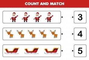 jeu éducatif pour les enfants compter le nombre de dessin animé mignon santa cerf traîneau et faire correspondre avec les bons numéros feuille de travail imprimable d'hiver vecteur