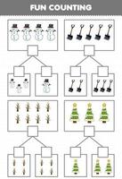 jeu éducatif pour les enfants amusant compter l'image dans chaque boîte de dessin animé mignon bonhomme de neige pelle sapin de noël feuille de travail imprimable d'hiver vecteur
