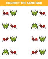 jeu éducatif pour les enfants connecter la même image de dessin animé mignon fourmi et papillon feuille de calcul de bogue imprimable vecteur