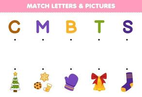 jeu éducatif pour les enfants match lettres et images de dessin animé mignon arbre cookie mitaine cloche chaussette imprimable feuille de travail d'hiver vecteur