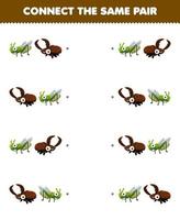 jeu éducatif pour les enfants connectez la même image de dessin animé mignon sauterelle et scarabée feuille de travail animal imprimable vecteur