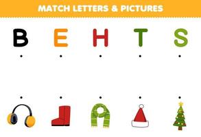 jeu éducatif pour les enfants match lettres et images de dessin animé mignon cache-oreilles botte écharpe chapeau arbre feuille de travail imprimable d'hiver vecteur