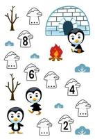 jeu éducatif pour compléter la séquence de nombres avec un feu de joie de pingouin de dessin animé mignon et une image d'igloo imprimable feuille de travail d'hiver vecteur