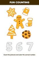 jeu éducatif pour les enfants compter les images et colorier le nombre correct de la feuille de travail d'hiver imprimable de cookie de dessin animé mignon vecteur