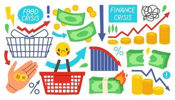 ensemble vectoriel d'icônes. crise alimentaire. crise financière. les pénuries alimentaires mondiales et la hausse des prix. inflation. ensemble de vecteurs