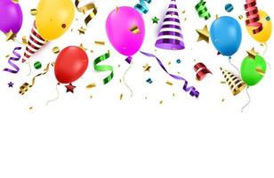 bannière de joyeux anniversaire avec des ballons de couleur et des confettis sur fond bleu.
