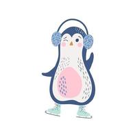 pingouin portant des cache-oreilles appréciant le patinage sur glace. illustration vectorielle dessinés à la main. personnage mignon pendant l'activité de plein air isolé sur blanc. bébé oiseau aquatique coloré. vecteur