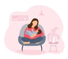 une femme est assise dans la position du lotus, les jambes croisées, et tient, berce le bébé. mère et nouveau-né ensemble dans une pièce à l'intérieur. graphiques vectoriels. vecteur