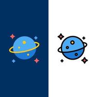 planète saturne icônes de l'espace plat et ligne remplie icône ensemble vecteur fond bleu