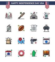 ensemble de 16 icônes de la journée des états-unis symboles américains signes de la fête de l'indépendance pour la bouteille de boisson sports maison blanche éléments de conception vectoriels de la journée des états-unis modifiables vecteur