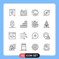 Symboles de contour du pack d'icônes noires de 16 lignes pour les applications mobiles isolées sur fond blanc. 16 icônes définies. vecteur