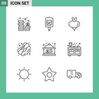 aperçu de l'interface mobile ensemble de 9 pictogrammes d'éléments de conception vectoriels modifiables de restauration rapide hot dog vecteur