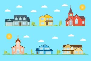 quartier avec maisons et églises illustrées sur fond bleu. vecteur