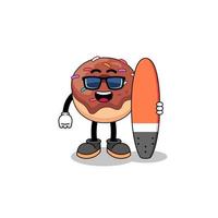 caricature de mascotte de beignets en tant que surfeur vecteur