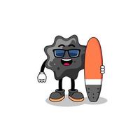 caricature de mascotte d'encre en tant que surfeur vecteur