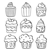 ligne noire ensemble de neuf cupcakes sur fond blanc. style de dessin animé dessiné à la main. doodle pour la coloration, la décoration ou tout autre design. illustration vectorielle de l'art de l'enfant. vecteur
