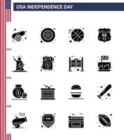 ensemble moderne de 16 glyphes et symboles solides le jour de l'indépendance des états-unis, tels que des points de repère bouclier de sécurité du basket-ball éléments de conception vectoriels modifiables de la journée des états-unis vecteur