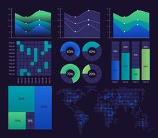 modèle de conception de graphique infographique de démonstration de découvertes scientifiques défini pour le thème sombre. présentation visuelle des données. collection de graphiques à barres et de diagrammes circulaires vecteur
