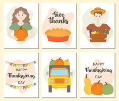 joyeux jour de thanksgiving cartes de voeux et invitations conception de salutations saisonnières. fille avec citrouille, agriculteur avec récolte, voiture avec citrouilles, tarte et ambiance de vacances. modèles d'action de grâces à la mode. vecteur