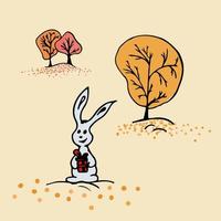 arbres d'automne et lapin avec cadeau. couleurs d'automne. illustration vectorielle. vecteur