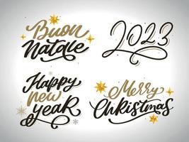 joyeux noël ensemble 2023 bonne année, typographie lettrage insigne emblèmes citations ensemble collection. création de logo vectoriel pour carte postale, invitation, carte de voeux, affiche, cadeau.