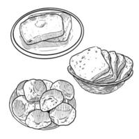 ensemble de croquis et ensemble d'éléments de pain grillé et pain bagutte dessinés à la main vecteur