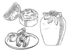 ensemble de croquis et collection d'éléments alimentaires de cuisine chinoise dessinés à la main liqueur de gâteau de lune et rouleau de printemps vecteur